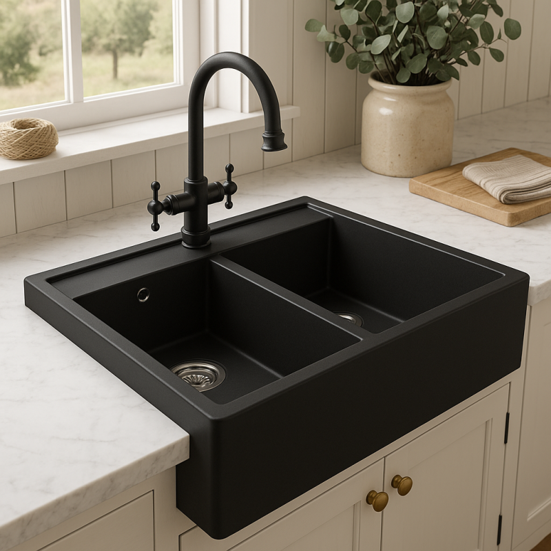 Granitul Meu Ferma chiuvetă de bucătărie rurală dublă din granit negru, dimensiuni 80x63 cm, montaj întreblat și subblat 1208957352.